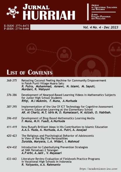 					View Vol. 4 No. 4 (2023): Jurnal Hurriah: Jurnal Evaluasi Pendidikan dan Penelitian
				