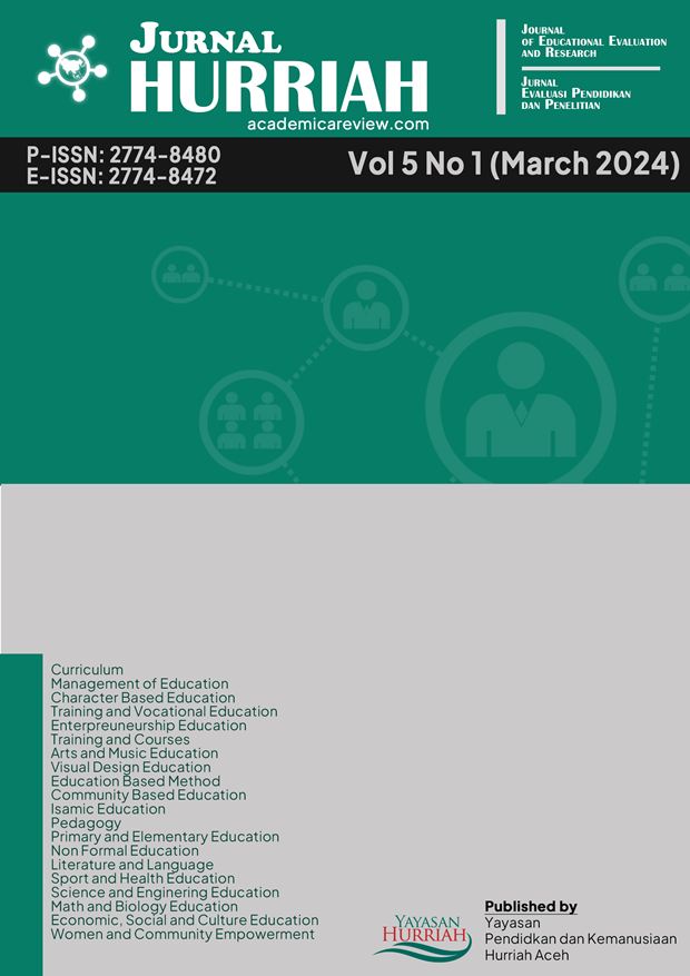 					View Vol. 5 No. 1 (2024): Journal Hurriah: Journal of Educational Evaluation and Research
				