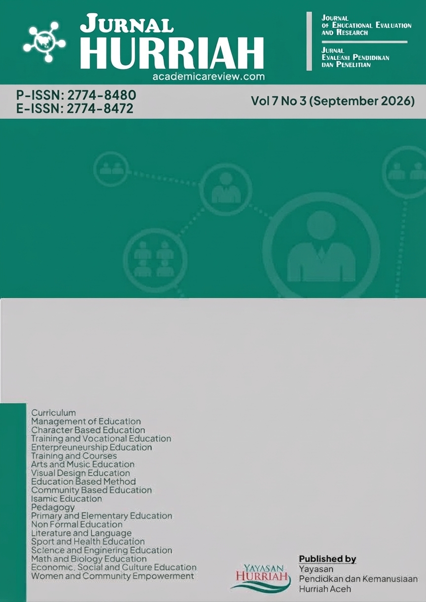 					View Vol. 7 No. 3 (2026): Jurnal Hurriah: Journal of Educational Evaluation and Research (in Progress)
				